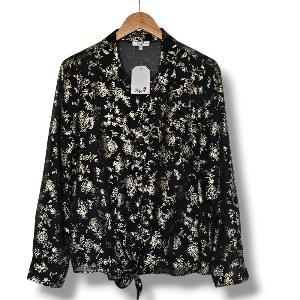 Poppi Top L Women Black Semi-Sheer Gold Floral Foil Whimsigoth Dark Romantic NEW